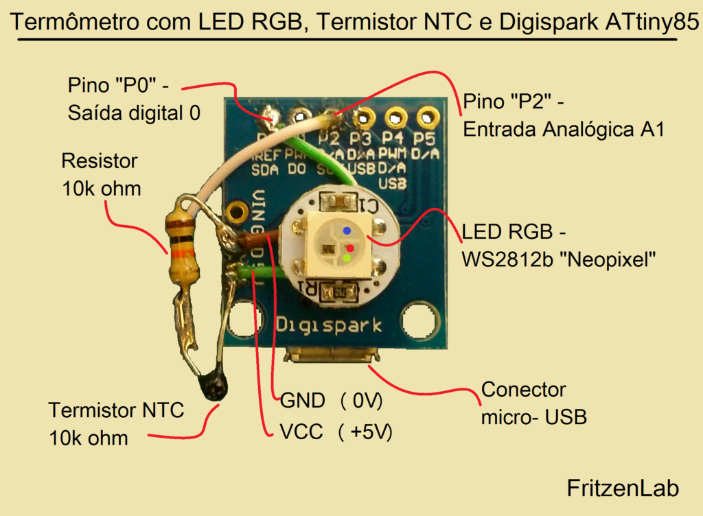 Circuito do termômetro montado com NTC e LED RGB