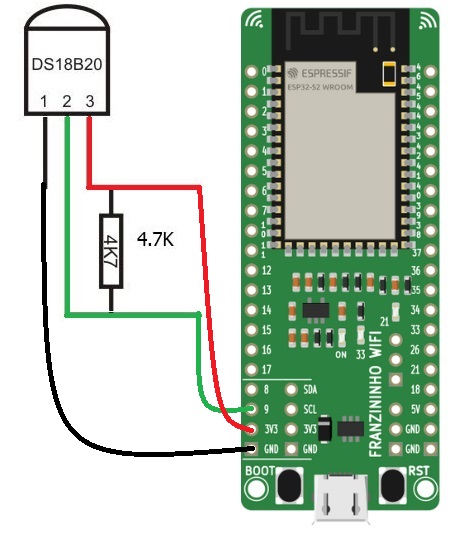 Esquema de ligação, DS18b20 com Franzininho WiFi