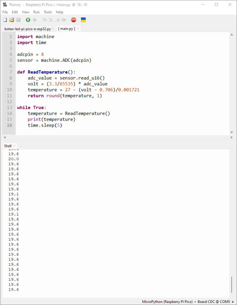Leituras de temperatura do Pi Pico na Thonny IDE