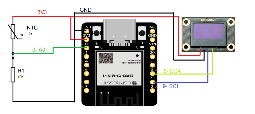 Beetle ESP32-C3 com sensor NTC e display OLED