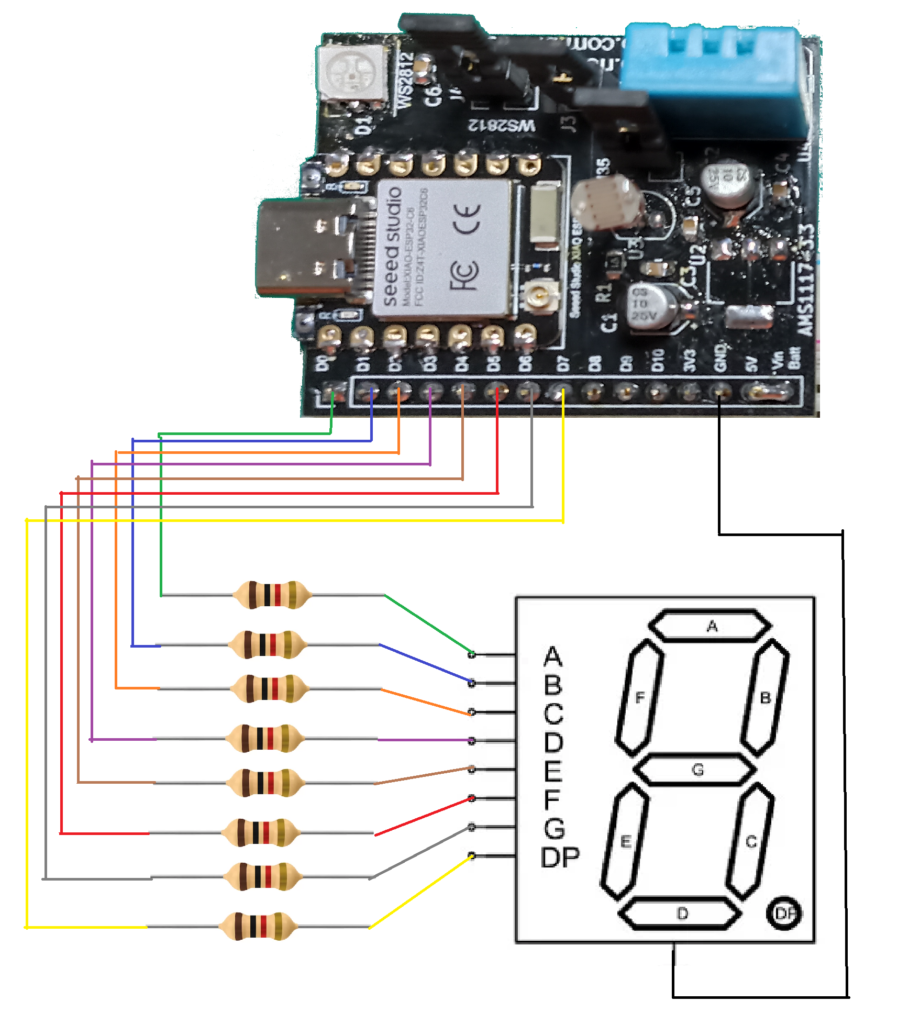 Diagrama esquemático do display LED 7 segmentos com ESP32-C6