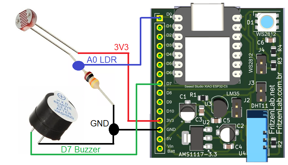 Diagrama esquemático do circuito, LDR com buzzer