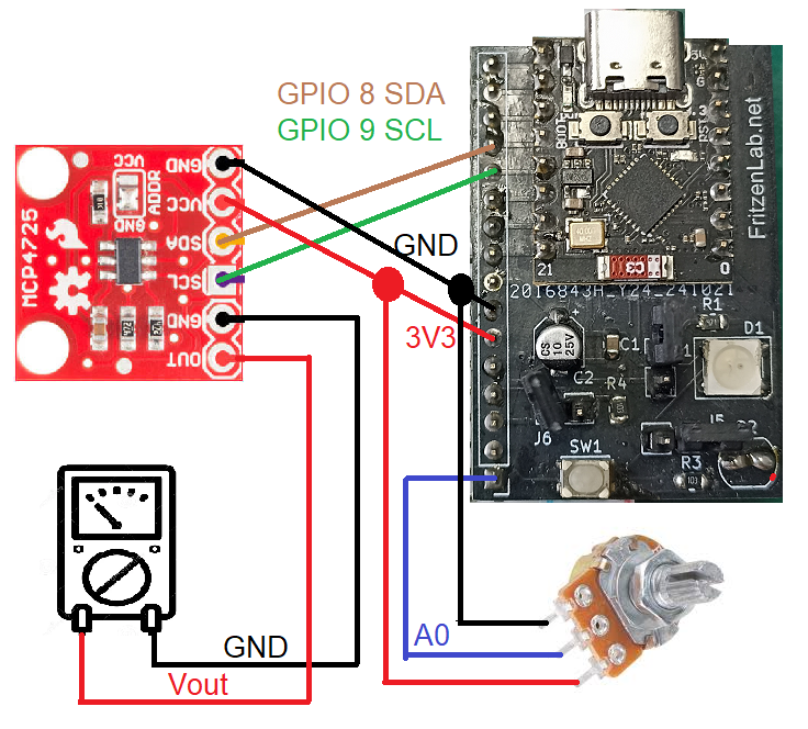MCP4725 na protoboard com o ESP32-C3