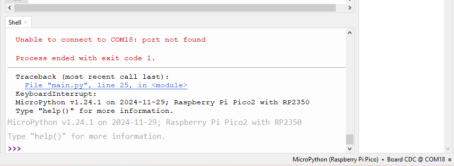 Parte inferior da Thonny IDE após conexão do Pi Pico 2