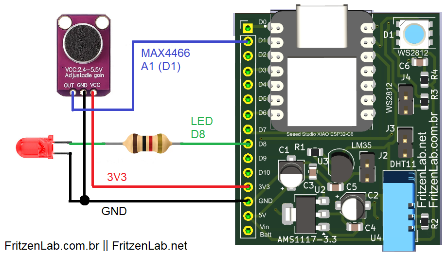 Diagrama esquemático MAX4466 com ESP32