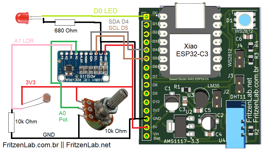 Diagrama esquemático do conversor ADS1115 com ESP32