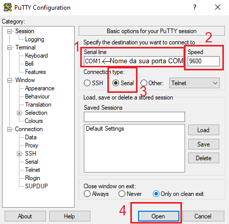 Configuração do software Putty
