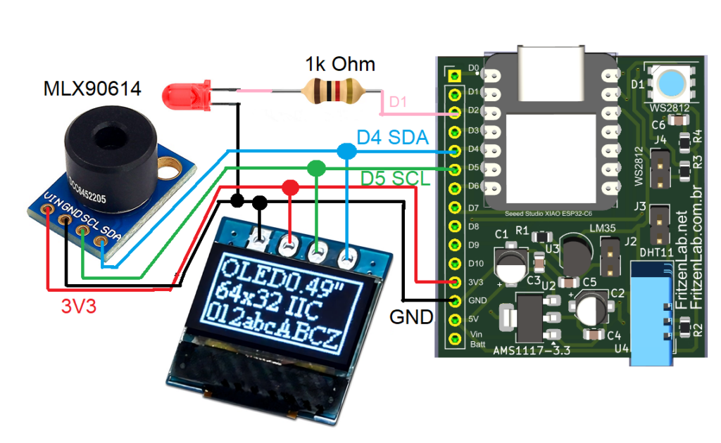 Diagrama esquemático do sensor MLX90614 + OLED + ESP32